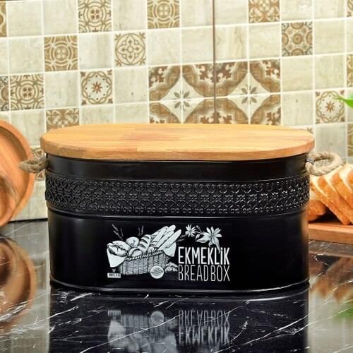 Yildiray Metal Wrought Iron With Wooden Lid Bread Cutting Tahtalı Breadstuff Storage Container Black