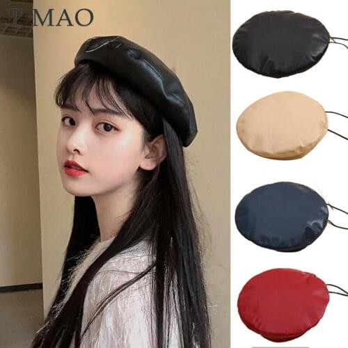 T-MAO Women Hat Girl Beret Winter Beanie Hat Cap Vintage Faux Leather Plain Beret Hats Solid Color Elegant Lady Winter Cap