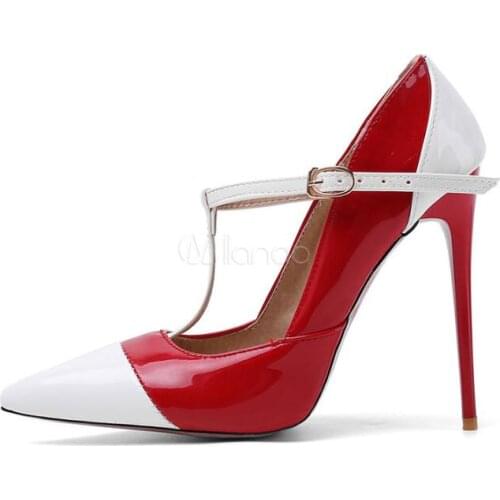 Moraima Snc Womens Vintage High Heels T-Type Bandage Pointed Toe Color Block Stiletto Heel Plus Size Shoes Lady Pumps