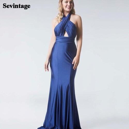 Sevintage Sexy Mermaid Satin Evening Dresses Long Halter Formal Women Special Occasion Dress Backless Criss-Cross Prom Gowns