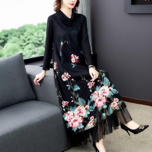 Spring Autumn Floral Embroidery Mesh Dresses Casual Vintage Loose 5XL Plus Size Maxi Dress Elegant Bodycon Women Party Vestidos