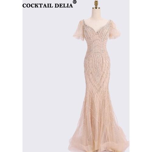 Champagne V-Neck Evening Dresses Long Luxury 2021 Elegant Prom Dress Sleeves Mermaid Sparkly Beading Party Gown For Women