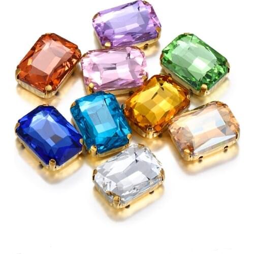 10X14mm Aquamarine Violet Octagon Glass Crystal Strass Sew On Rhinestones With Golden Flatback Claws For Clothes Bags Shoes