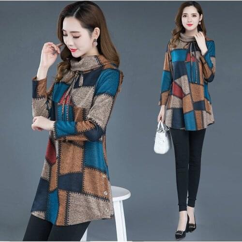 2020 plus velvet padded rich lady bottoming shirt women fall/winter half high collar plaid printing plus size belly covered