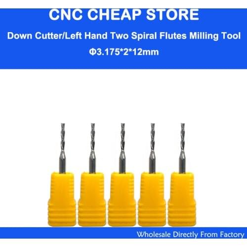 5pcs 3.175*2*12mm Down cutter left-helical two double flute left spiral carbide cnc router bits end milling,woodworking, Plywood