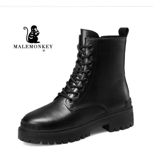 Black Women Ankle Boots Platform Split Leather 2021 Autumn Winter Side Zip Retro Round Toe Ladies Chunky Heel Shoes Handmade