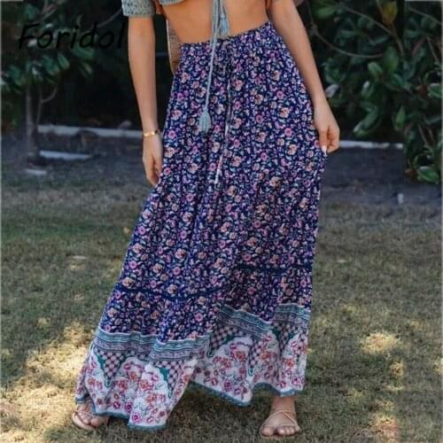 Foridol Floral Print Bohemian Long Skrits Womens High Waist Blue Hollow Out Maxi Skirt A-line Summer Casual Skirt Bottoms 2021