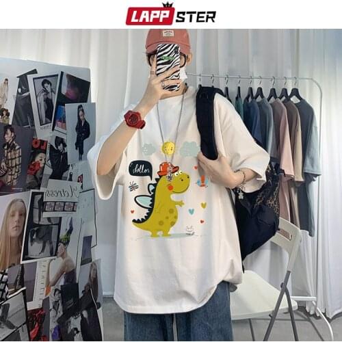 LAPPSTER Men Kawaii Dinosaur Streetwear Graphic T Shirts 2021 Summer Mens Harajuku Oversized Tshirts Male Kpop Vintage T-shirts