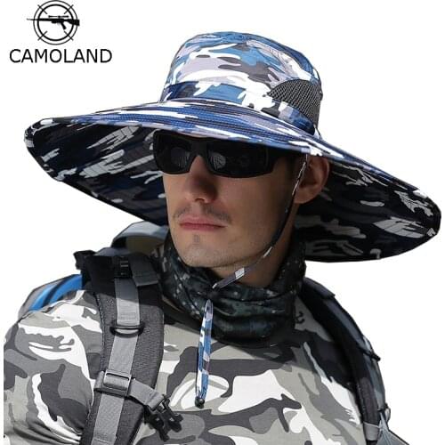 CAMOLAND Summer Sun Hat Men Camouflage Bucket Hat High Quality Outdoor UV Protection Cap Male Long Wide Brim Hiking Fishing Hats