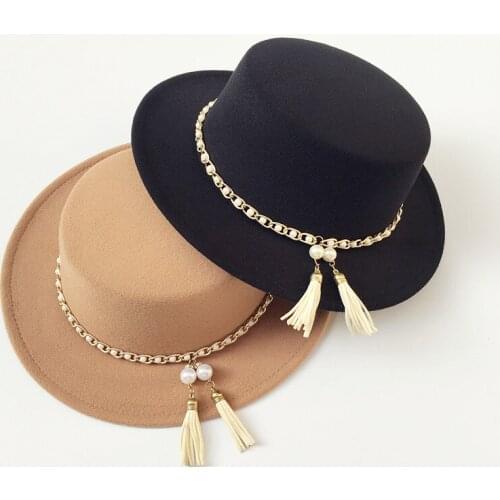 Korean fashion pearl chain tassel decorative woolen hat womens fashion autumn and winter top hat