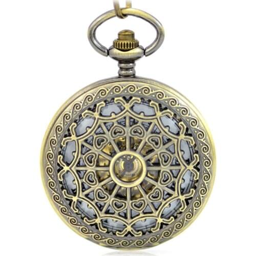 Brown Skeleton Mechanical Hand Wind Pocket Fob Watches Clamshell Business Men Watch Pendant Necklace Heart-shaped carved Gift