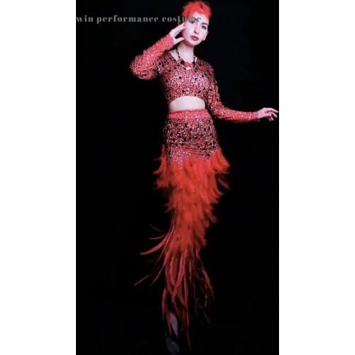 Red Sexy Sequins Rhinstone Dance Costume Suit Stage 2 Pieces Feather Pelpum Jazz Modern Dance Rave Singer Wear Hot Passion Crop