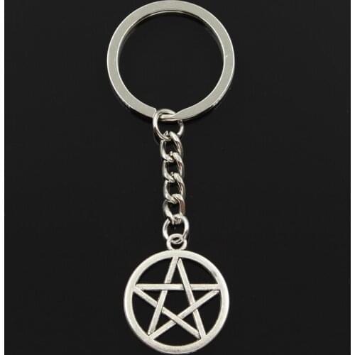 Fashion 30mm Key Ring Metal Key Chain Keychain Jewelry Antique Silver Color Plated Star Pentagram 24x24mm Pendant