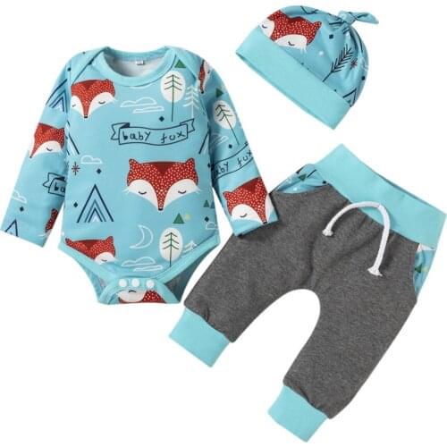 Three Piece Baby Boy’s Clothes Cute Fox Long Sleeve Romper and Contrast Color Long Pants with Hat