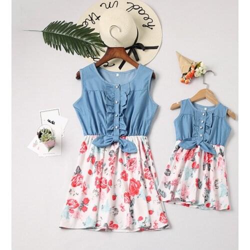 Mother daughter dresses Patchwork Printed Sleeveless A-line Mini Dress Family Look Mother and daughter clothes matching outfits