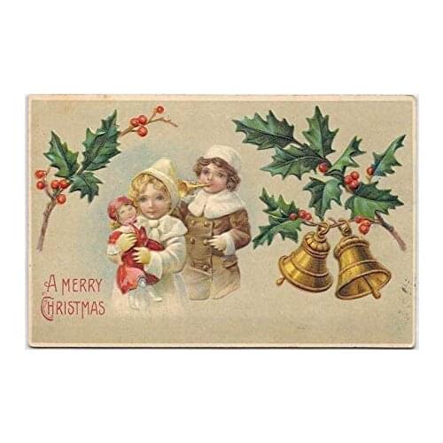 Merry Christmas Girl with Doll Boy with Horn Gold Metal Sign Novelty Metal Poster 8X12 inch