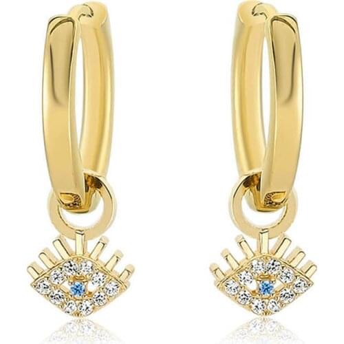 Valori Jewels Small Evil Eye, Zirconia White And Fancy Blue Gemstone, Gold Plated, Sterling Silver Small Plain Hoop Charm Earri