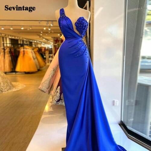 Sevintage Royal Blue Mermaid Evening Dresses One Shoulder Ruched Beaded Prom Party Gowns Satin Women Special Occasion Dresses