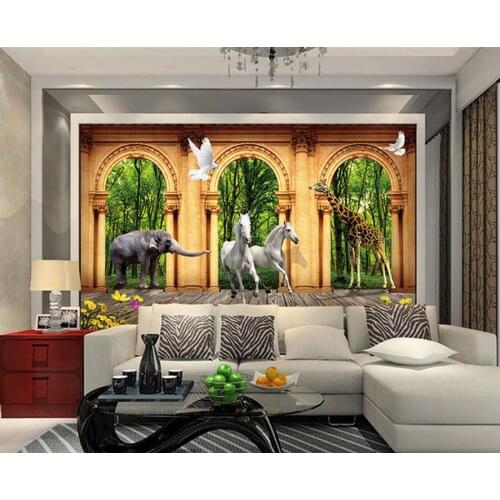 Home Decoration 3d customized wallpaper Fashion natural creative 3D elephant horse giraffe TV wall decoration painting