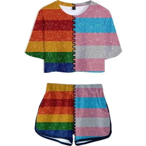 Free LGBT lovely sets Print Women 2 Piece Set Summer Sexy Short Sleeve t shirt+Shorts Rainbow Design sets Streetwear Clothes