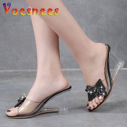 PVC HOT Female Slipper Shoes Women Wedges Transparent High Heels 8CM Summer Butterfly-knot Wild Women Slipper Lazy Shoes Sandals
