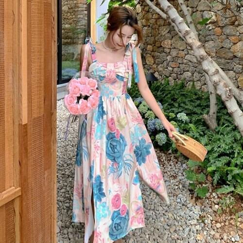 Women Long Floral Floral Slip Dress Summer 2021 Boho Retro Elegant Strappy Casual Party Night Beach Vacation French Vestidos New