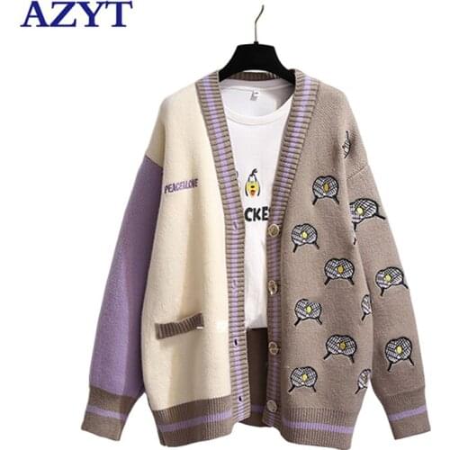 AZYT Korean Fashion Patchwork Women Sweater Cardigan 2021 Autumn Embroidery Oversized Cardigan Female Jacket V Neck Knitwear