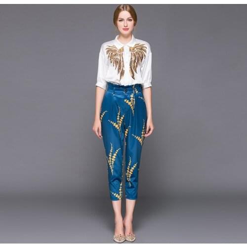 High quality 2020 autumn outfit stylist women lapel sequins embroidered shirts printed + 7 minutes of pants style 2 piece sets