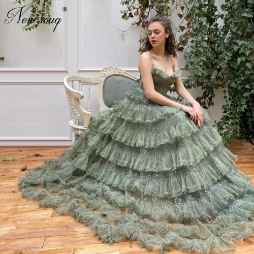 Robe De Soiree Long Evening Dresses Mint 2020 Tulle Shiny Party Gown Turkish Kaftans Strapless Women Prom Dress For Saudi Arabia