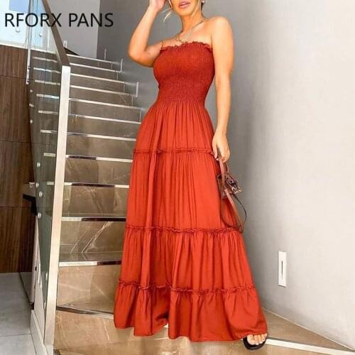 Women Solid Bandeau Shirring Design Layered Ruffles Maxi Dress Summer Dress Mini Elegant Dress
