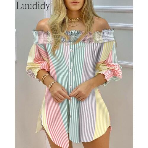 Women Off Shoulder Color Striped Button Front Shirt Dress