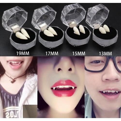 Vampire Teeth Dentures Halloween Party Props Costume Accessory Glue Adhesive Teeth with Box DIY horror Decor for adult kid 1Pair