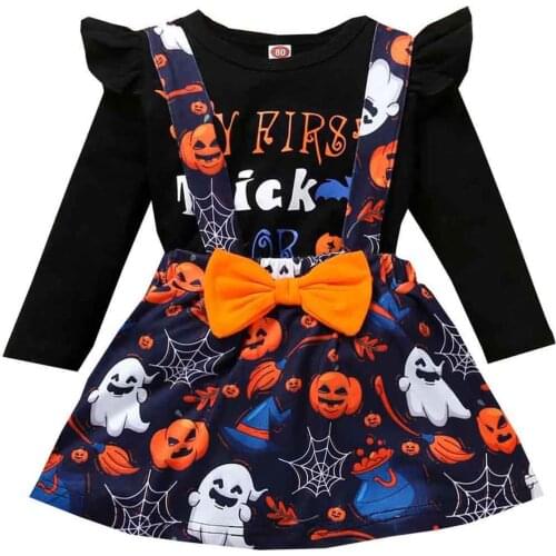 2pc/set Halloween Costume Set Letter Print Tops+cartoon Suspender Skirts Outfits Baby Girl Clothes（6m-4t）roupa Infantil Menina