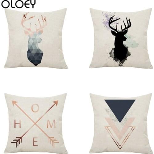 45*45cm Pillow Cover Geometric Nordic Style Deer Head Pattern Cotton Linen Pillowcase For Home Hotel Sofa Square Cushion Cover
