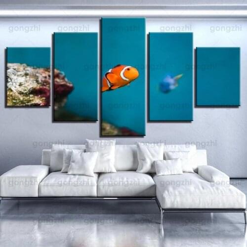 5Pcs Hd Deep Blue Cute Clownfish Swimming Ocean Minimalist Wall Painting Canvas Waterproof Ink Printing Home Decoration Poster