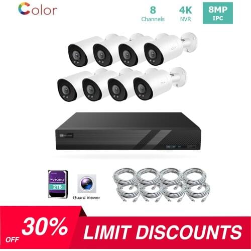 8 Channel 4K IP PoE Security Camera System 8ch 4K NVR and 8 8MP Colorful Night View Bullet PoE IP Cameras with 4TB HDD