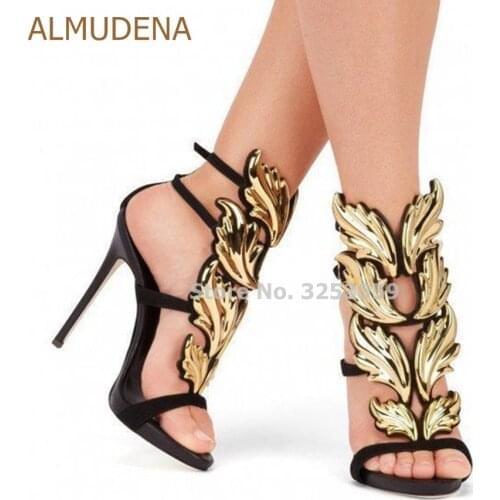 ALMUDENA Sexy Leaf Designer Gladiator High Heel Sandals Gold Silver Red Blue Buckle Strap Banque Shoes Dress Pumps Wedding Shoes