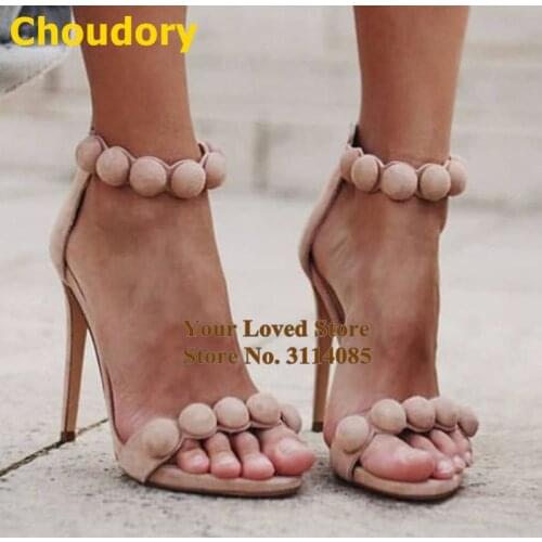 Choudory Nude Suede Studded High Heel Sandals Elegant Round Button Embellished Dress Shoes Stiletto Heels Zipper Pumps Dropship