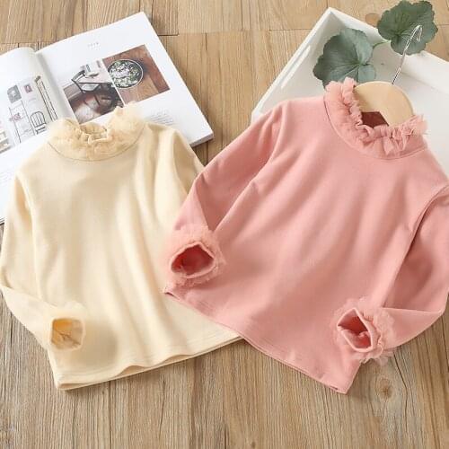 2-8 Years Girls Long Sleeve Tshirt Autumn Winter Kids New Cotton Bottoming Shirt Korean Solid Lace Turtleneck T Shirt for Girl
