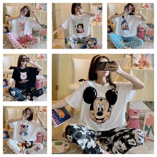 Disney 2021 Mickey Mouse Donald Duck Pajamas Suit Female Cute Cartoon Milk Silk Round Neck Home Service Can Be Worn Outside