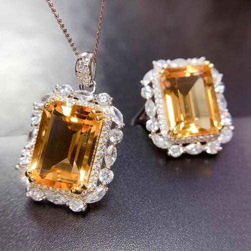 Big Square Yellow Crystal Citrine Gemstones Diamonds Rings Pendant Necklaces Women 18k White Gold Color Fine Jewelry Sets Gifts