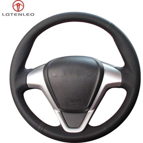 LQTENLEO Black Genuine Leather Steering Wheel Cover For Ford Fiesta 2008-2016 Figo 2012-2014 Ecosport 2013-2017 B-Max 2011-2019