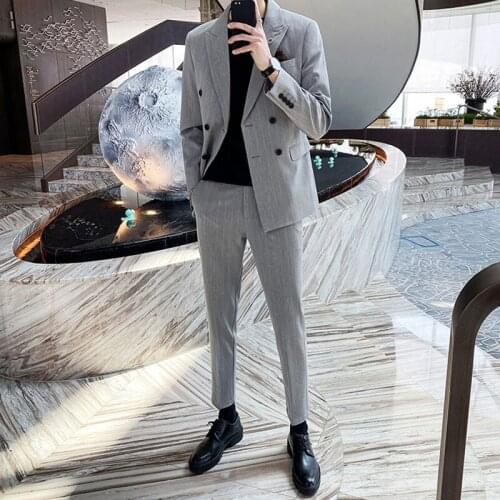 Men 2021 Autumn Fashion Casual Slim Fit Suits Male Formal Grooming Men Striped Double Breasted Blazer 2 Pieces Suits Set W392
