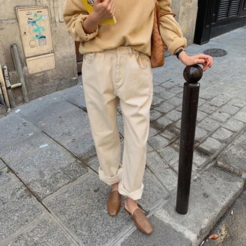 2021 New Women Spring Beige Denim Long Wide Leg Pants Loose Jeans Adjustable Button Midi Trousers