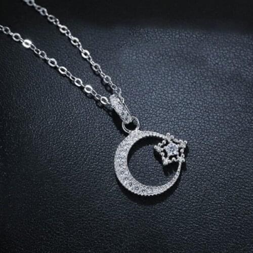 925 sterling silver Clavicle Necklaces for Girl Valentines Day Gift Moon Star Shiny Zirconia Pendant Necklace for Lady