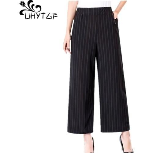UHYTGF Straight 4XL plus size pants women fashion stripes high waist summer trousers female elastic waist casual women pants 861