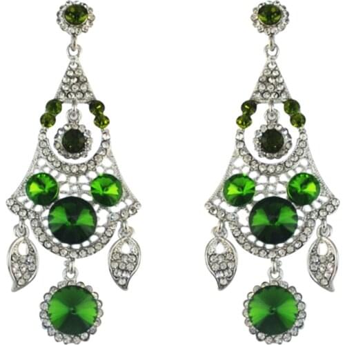 Korean Cute Green Crystal Drop Earrings for Women Girls Leaf Geometric Rhinestone Dangle Earrings Bridal Wedding Party Jewelry
