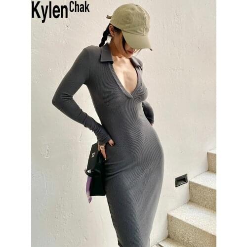 Sexy Deep V-Neck Tight-Fitting Knitted Dress Fall 2021 Womens Clothing Casual Slim Long-Sleeved Mid-Length Dresses Streetwear