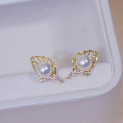 14k Real Gold Plated Fashion Jewelery Crystal Pearl Leaves Cute Exquisite Stud Earrings for Woman Holiday Party Elegant Earring