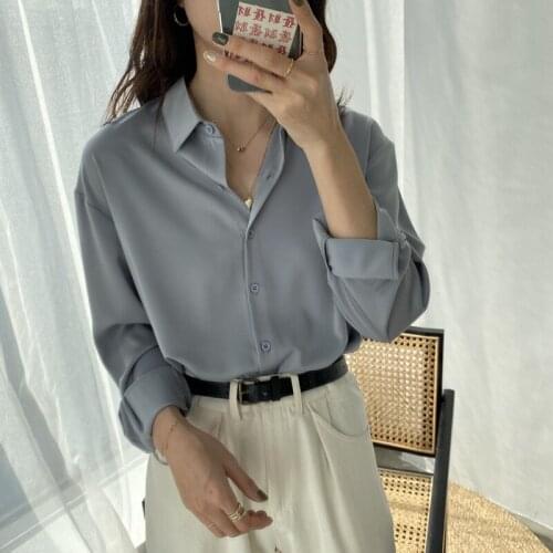 Sherhure 2020 Women Spring Satin Pure Color Turn Down Collar Elegant Womens Tops And Blouses Shirt Blusas Roupa Feminina